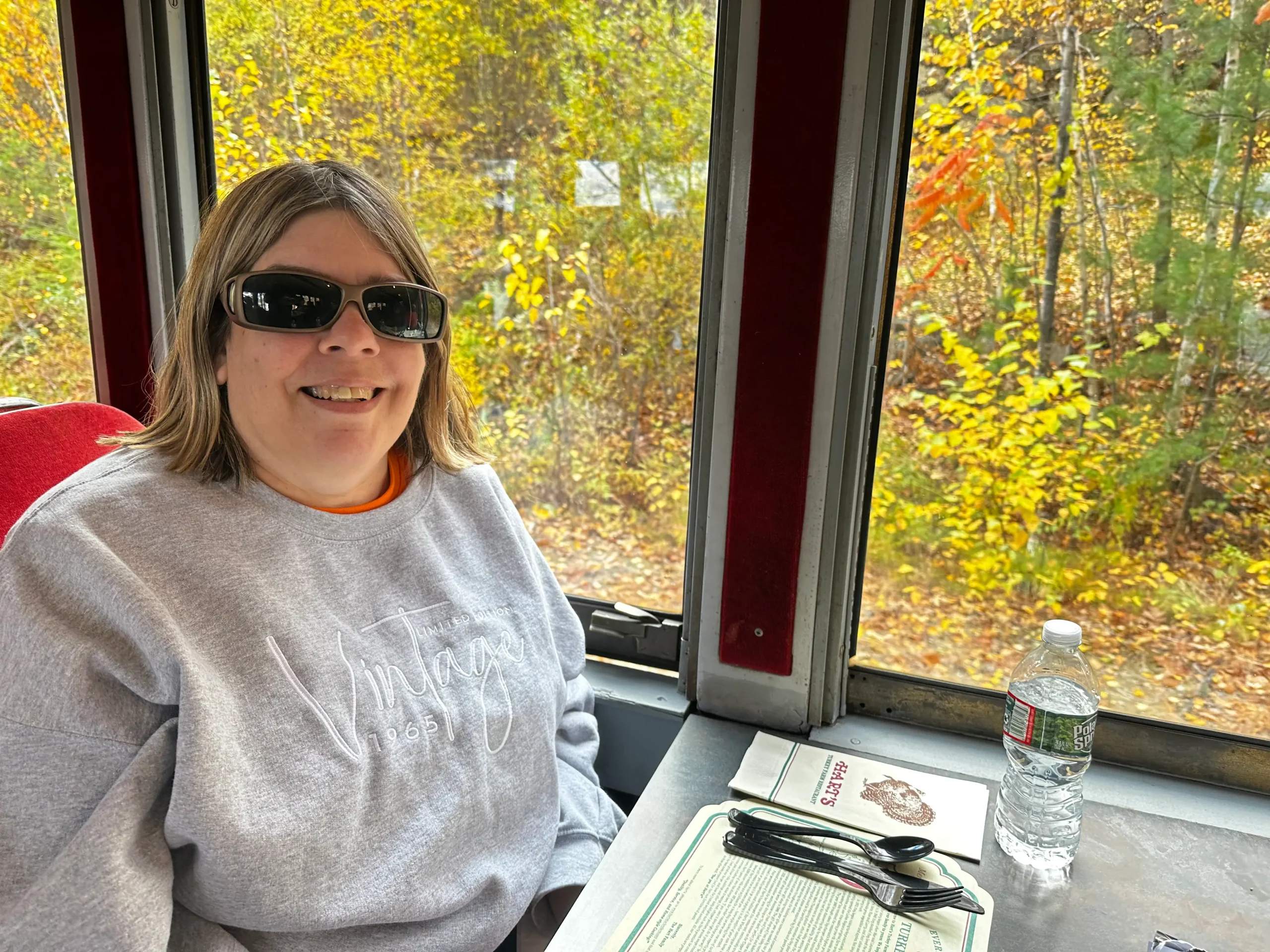 A woman sits at a table in front of windows with colorful foliage outside.
