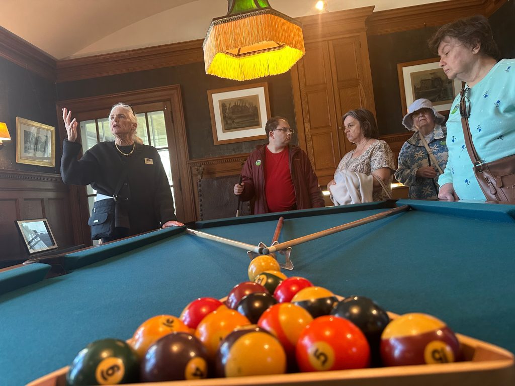 A group of people stand around a billiards table. Pool cues and balls can be seen in the foreground